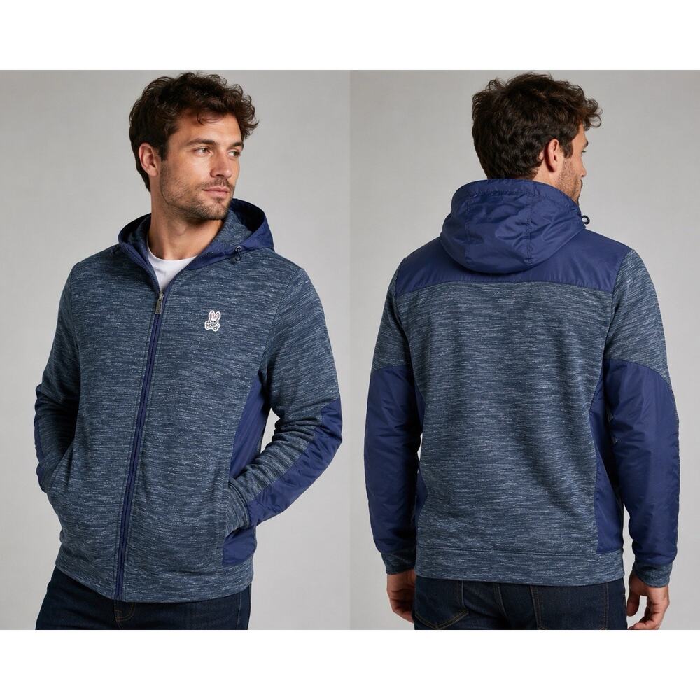 Psycho Bunny Mens Large Track Jacket Hoodie Full Zip Navy Marled Size 6 Large